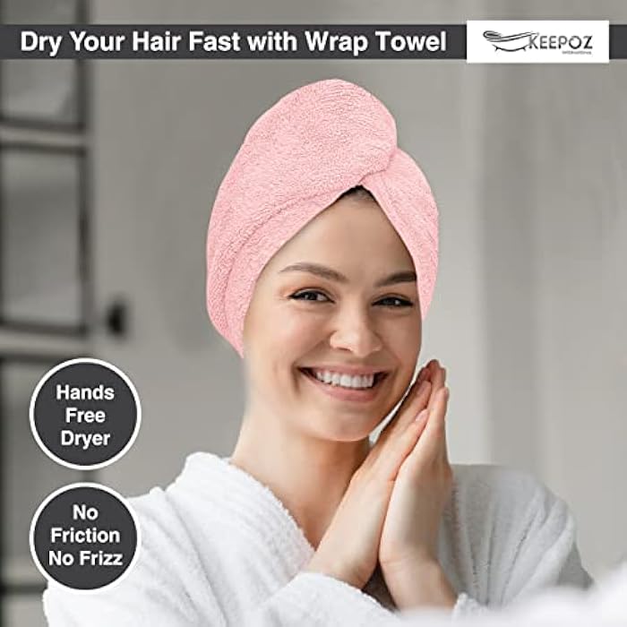 KEEPOZ Zero Twist 100% Cotton Hair Towel Wrap, Terrycloth Hair Turban Rapid Drying Towel for Hair with Button, Anti Frizz Hair Towel with Elastic Strap, Cap for Long & Thick Hair (Pink) - Image 5